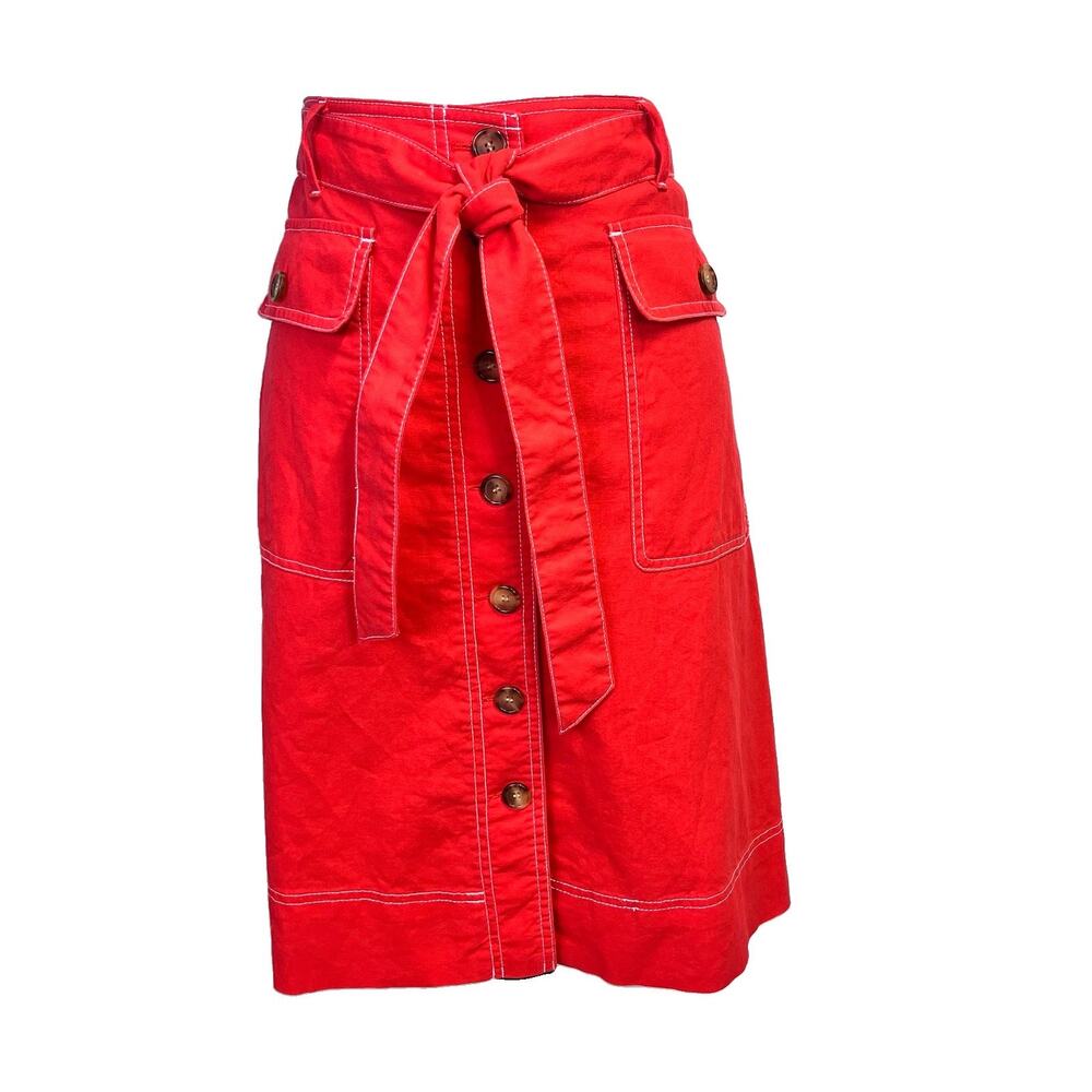 J. Crew Re-Imagined Skirt size 12 Red Linen Button Front Knee A Line Pockets